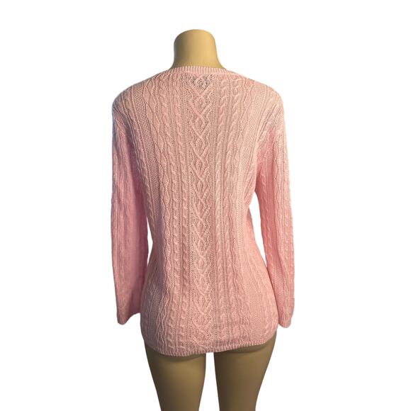 Women L Lauren Ralph Lauren 100% Linen Cable Knit Pink V-Neck Pullover Sweater - Picture 4 of 6